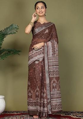 Brown Embroidered Blended Saree Set