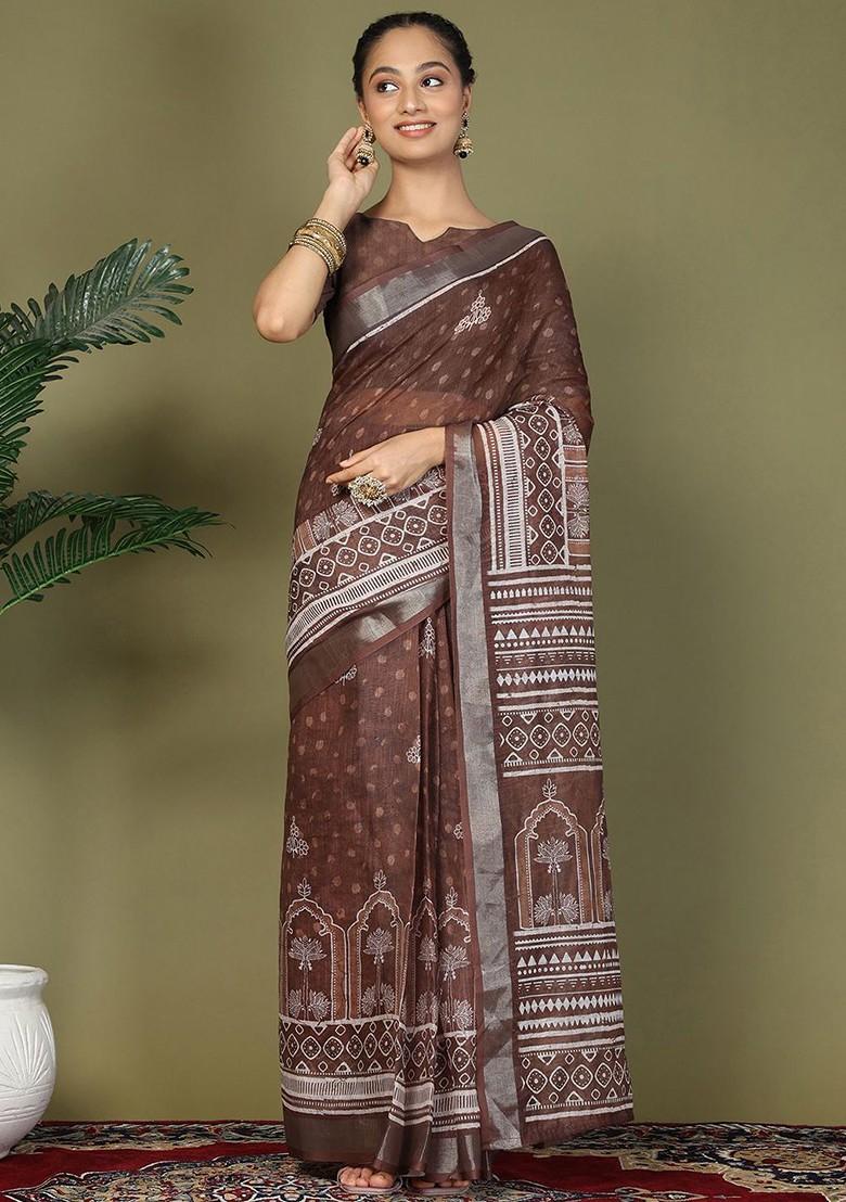 Brown Embroidered Blended Saree Set - Indya