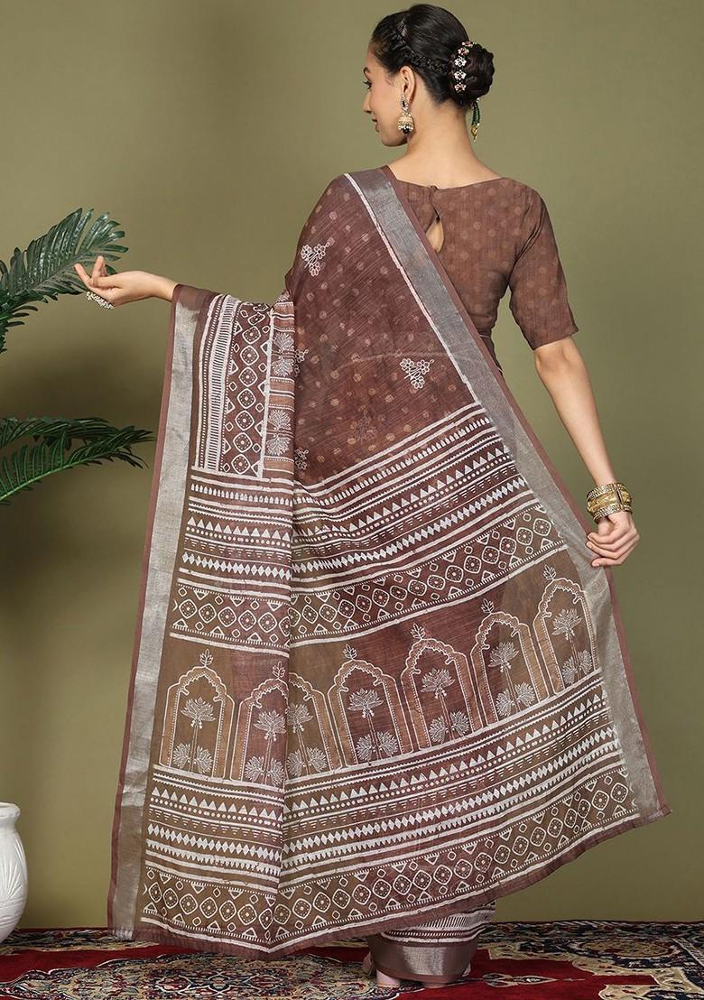 Brown Embroidered Blended Saree Set - Indya