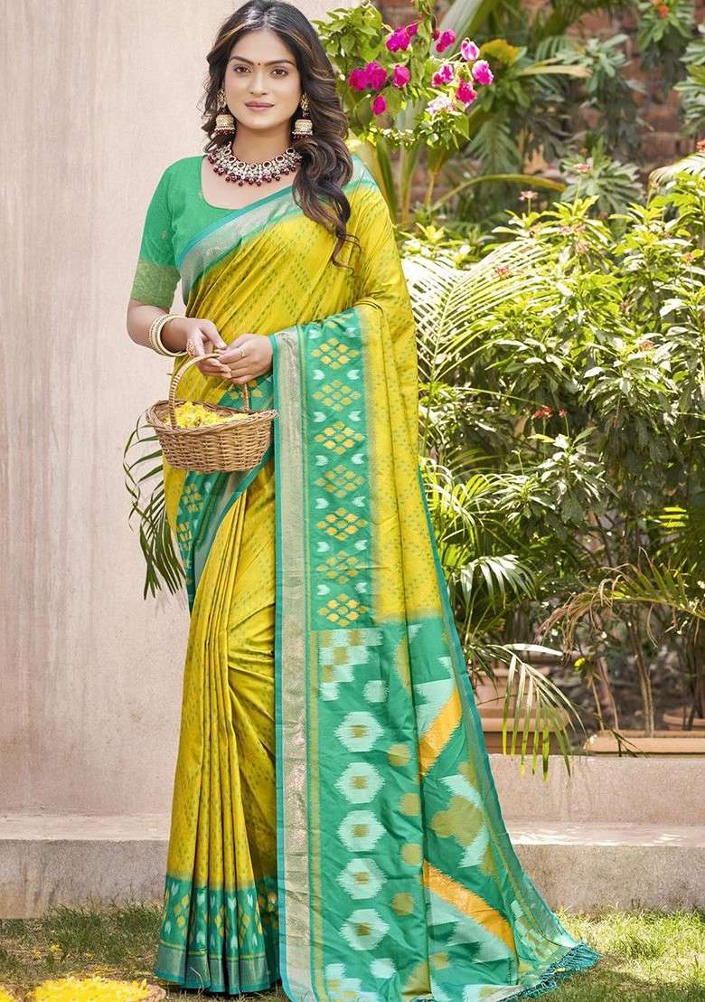 Olive Zari Blended Saree Set with Printed for Diwali | Wedding & Festive Wear - Indya