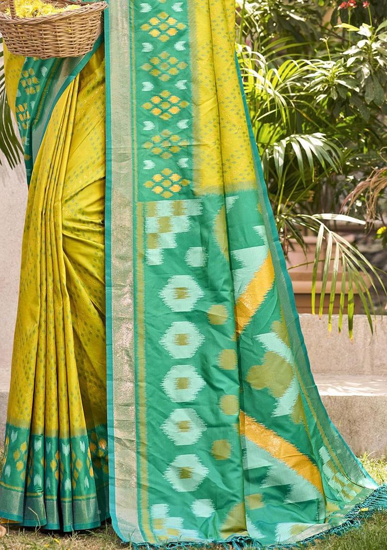 Olive Zari Printed Blended Saree Set - Indya