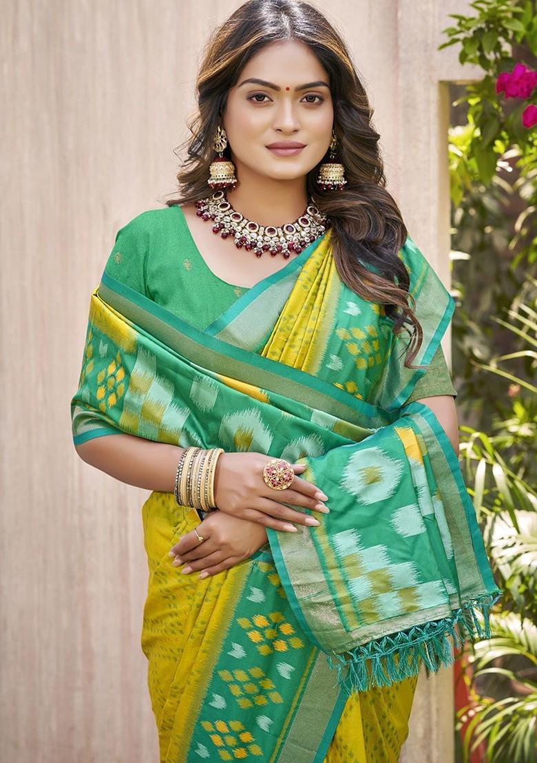 Olive Zari Printed Blended Saree Set - Indya