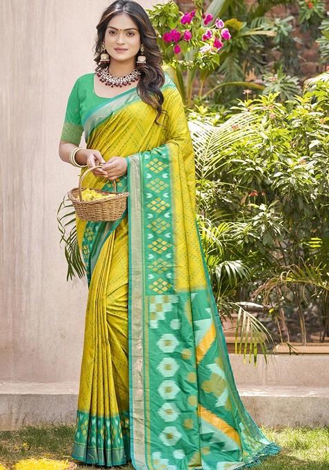 Olive Zari Printed Blended Saree Set