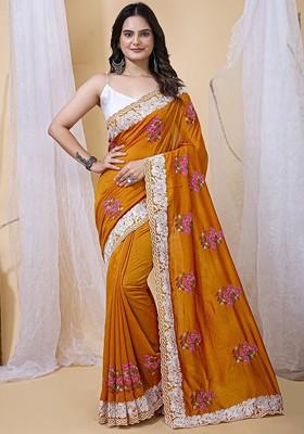 Orange Floral Print Blended Saree Set