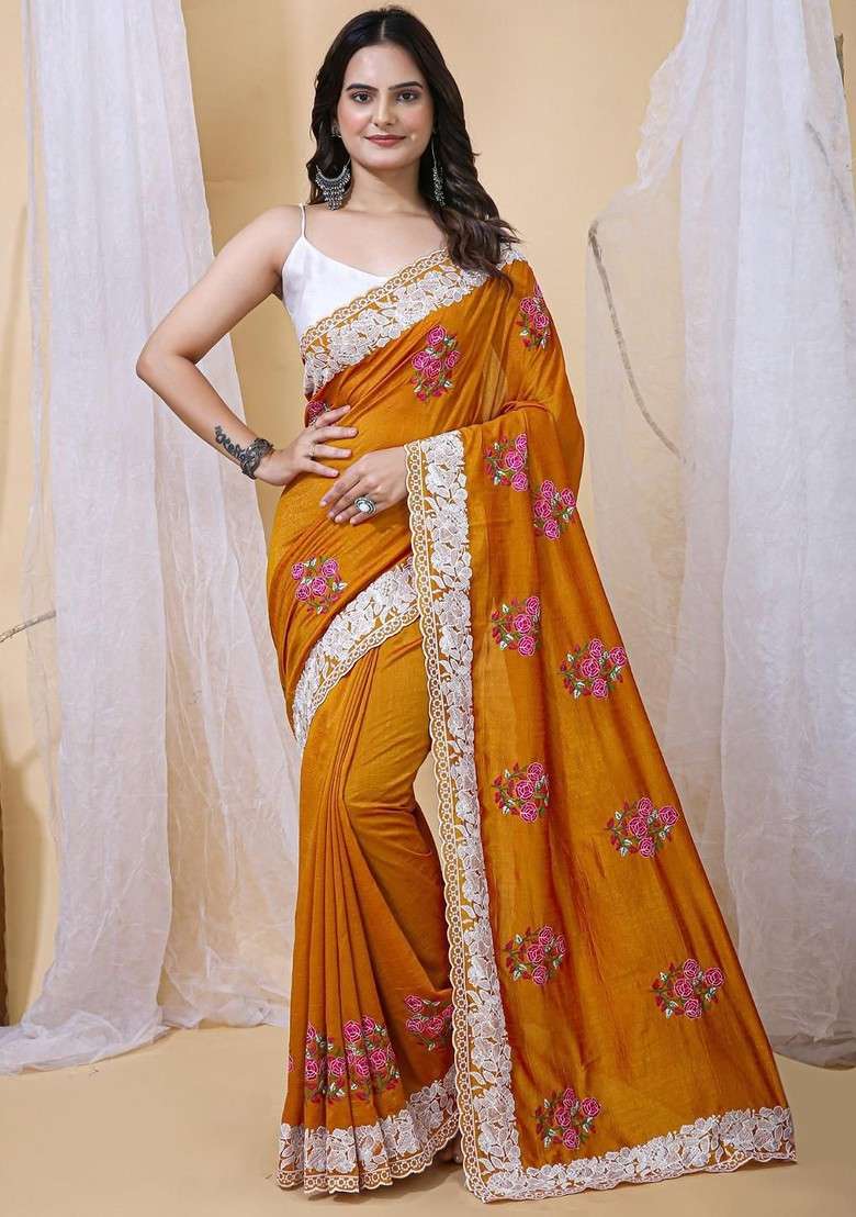 Orange Floral Print Blended Saree Set - Indya