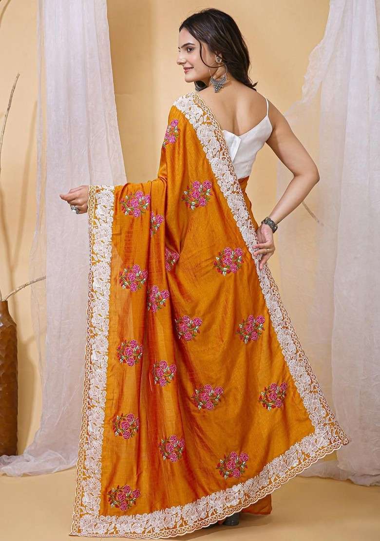 Orange Floral Print Blended Saree Set - Indya