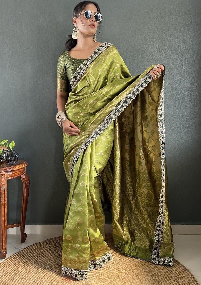 Green Floral Print Blended Saree Set
