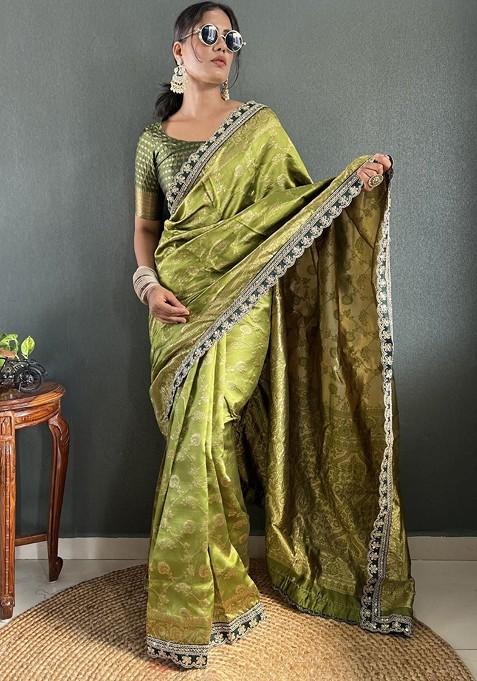 Green Floral Print Blended Saree Set