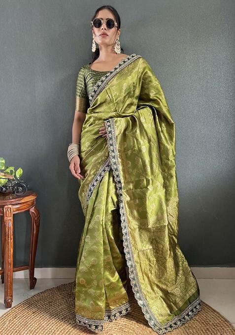 Green Floral Print Blended Saree Set