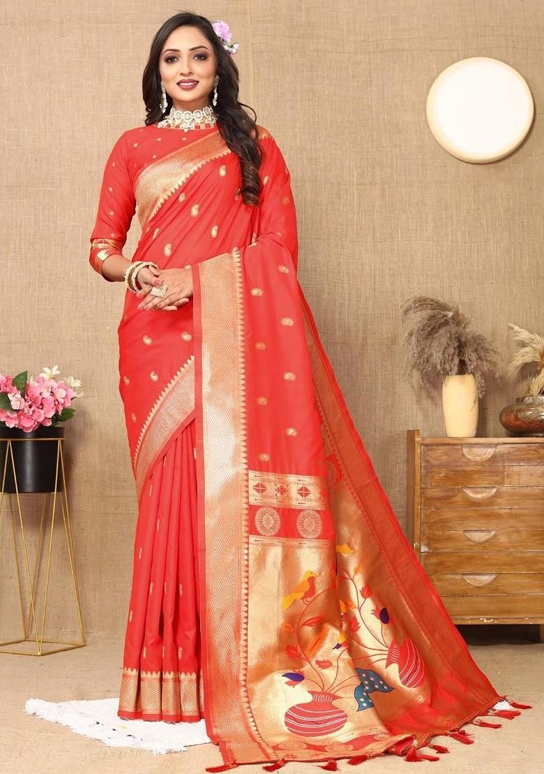 Red Zari Printed Blended Saree Set - Indya