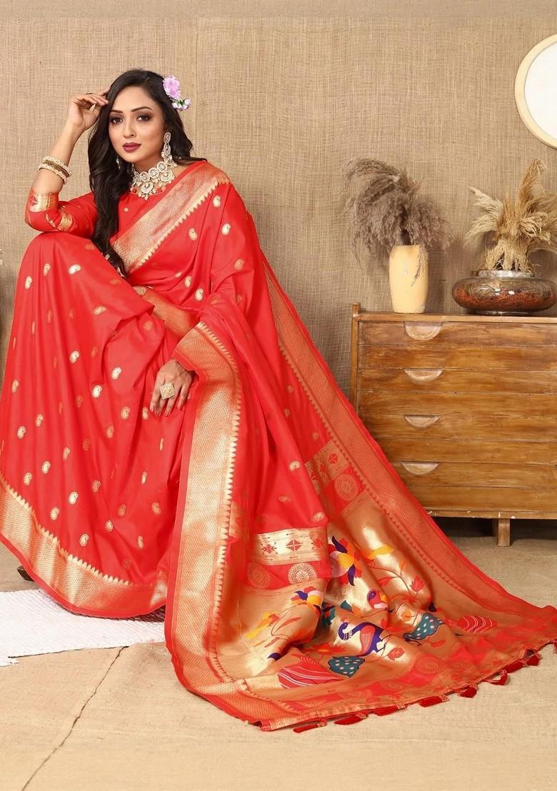 Red Zari Printed Blended Saree Set