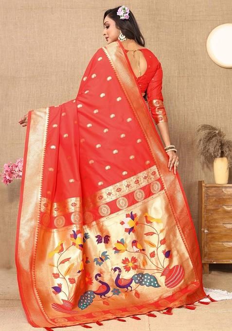 Red Zari Printed Blended Saree Set