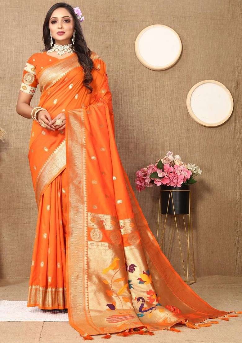 Orange Embroidered Blended Saree Set - Indya