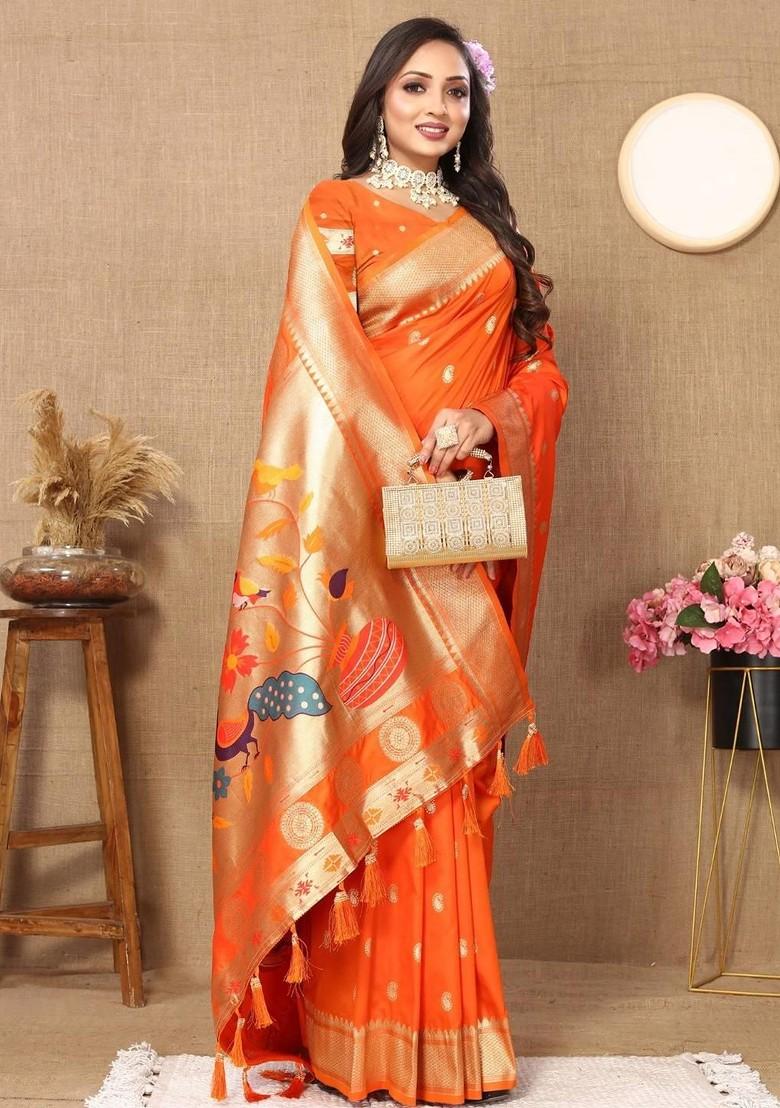 Orange Embroidered Blended Saree Set - Indya