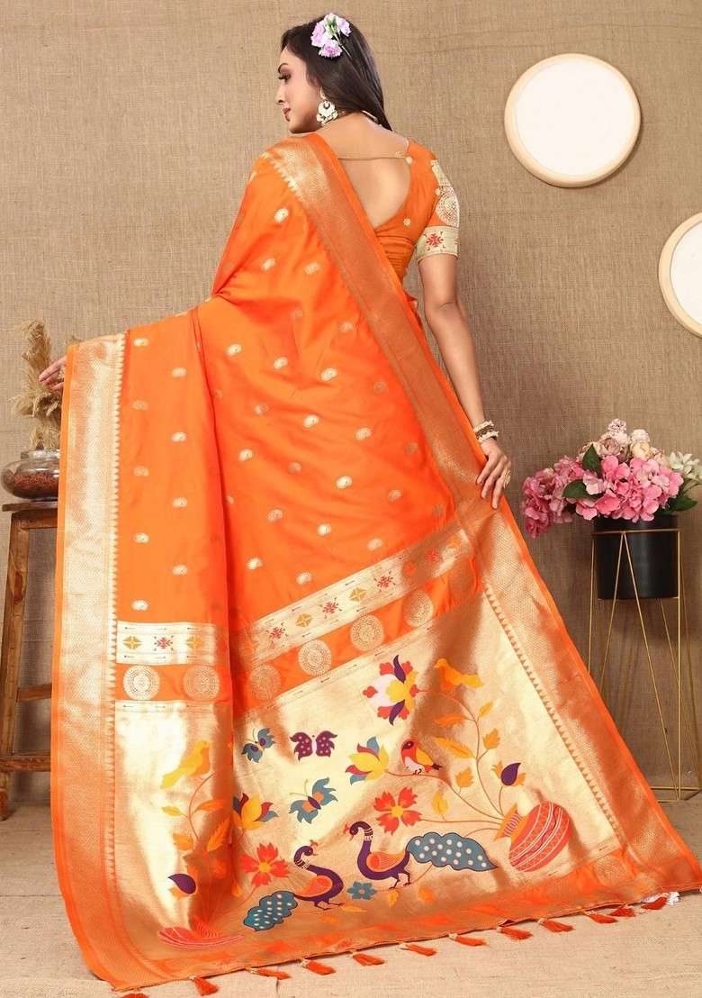 Orange Embroidered Blended Saree Set - Indya