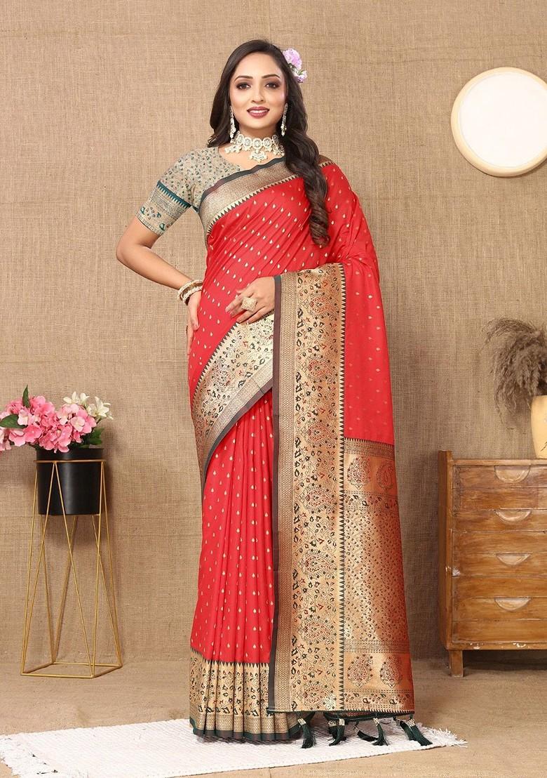 Red Floral Print Blended Saree Set - Indya