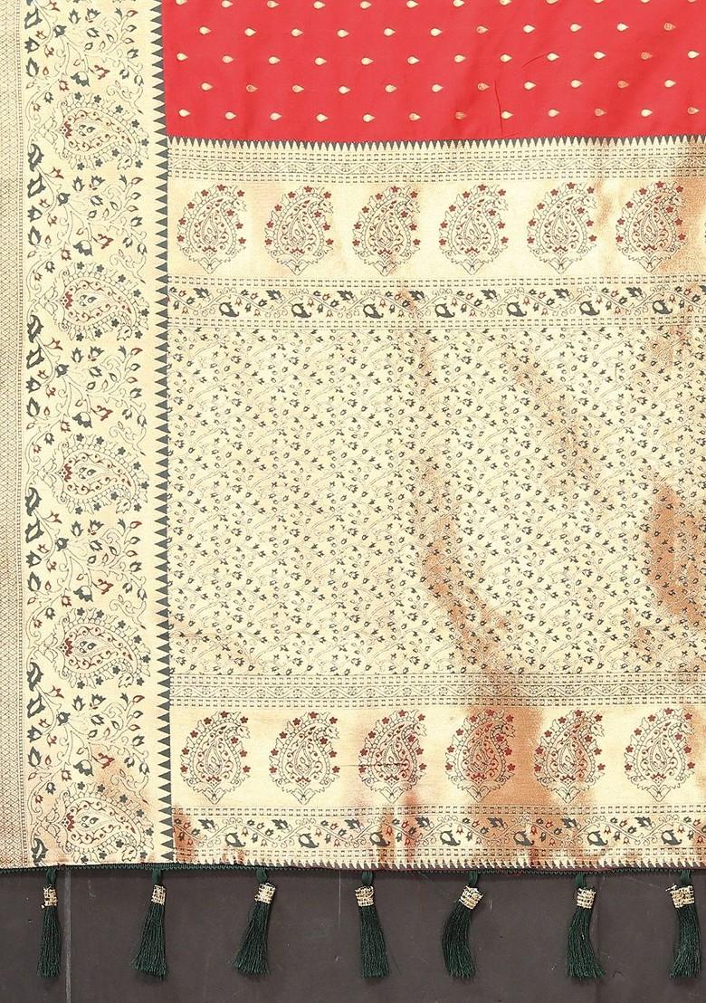 Red Floral Print Blended Saree Set - Indya