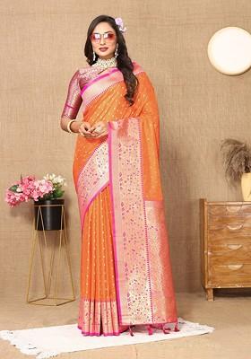 Orange Floral Print Blended Saree Set