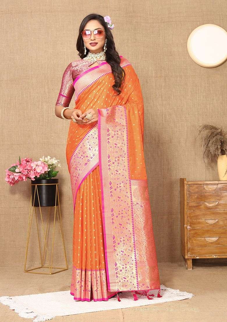 Orange Floral Print Blended Saree Set - Indya