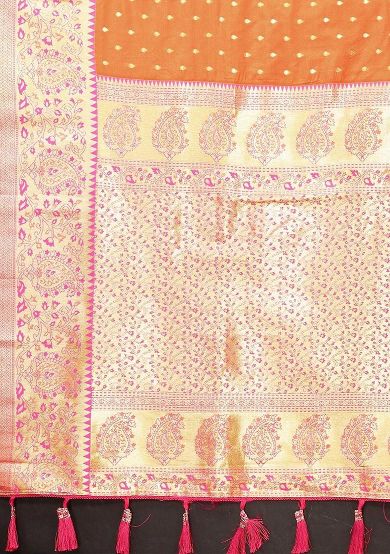 Orange Floral Print Blended Saree Set - Indya