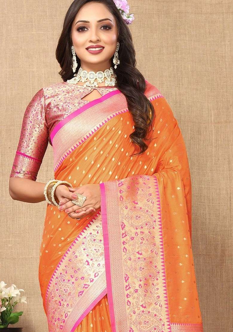 Orange Floral Print Blended Saree Set - Indya