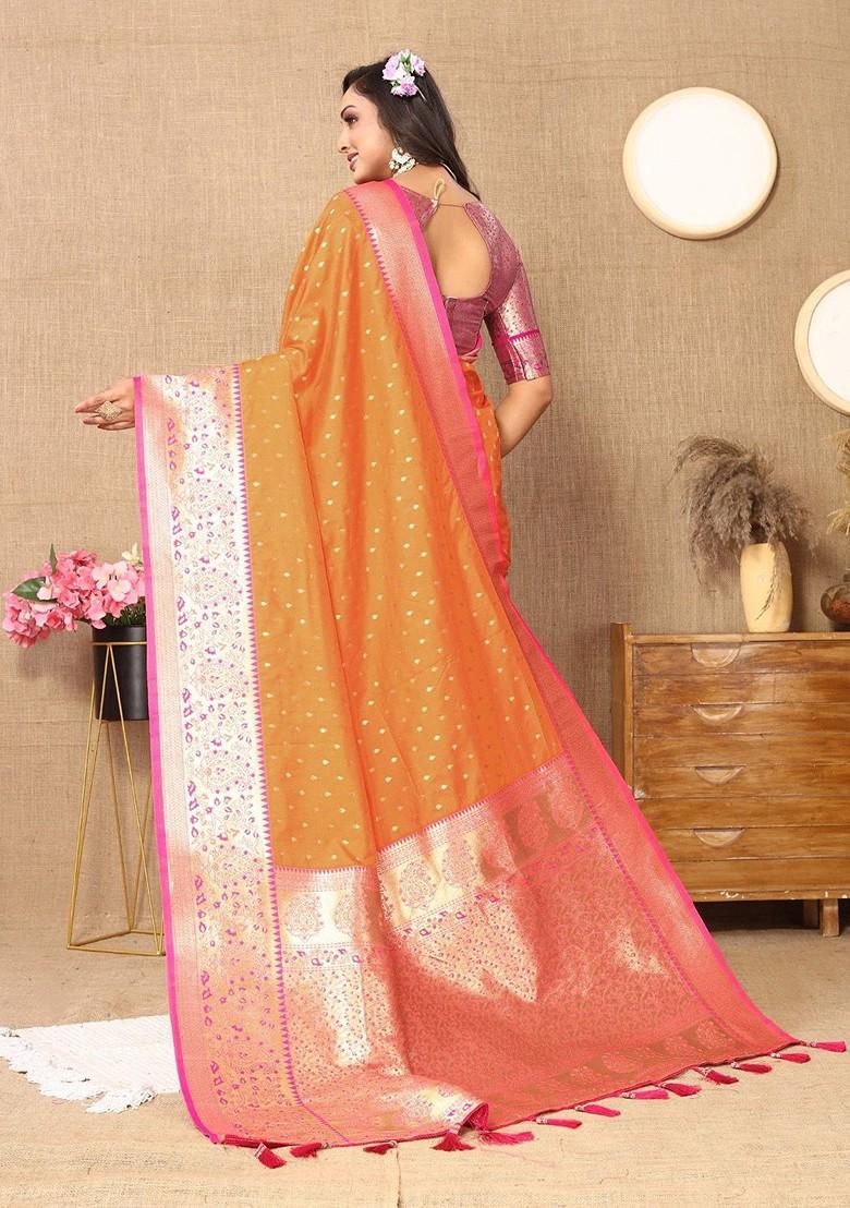 Orange Floral Print Blended Saree Set - Indya