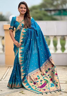 Blue Embroidered Blended Saree Set