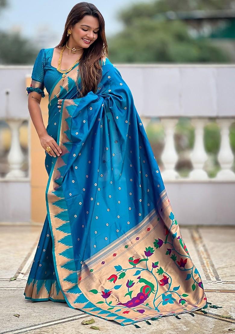 Blue Embroidered Blended Saree Set - Indya