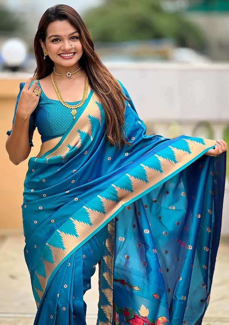 Blue Blended Saree Set with Embroidered for Diwali | Wedding & Festive Wear - Indya