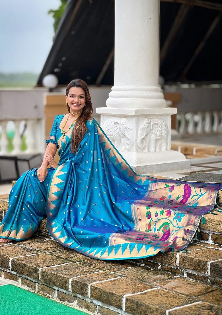 Blue Embroidered Blended Saree Set - Indya