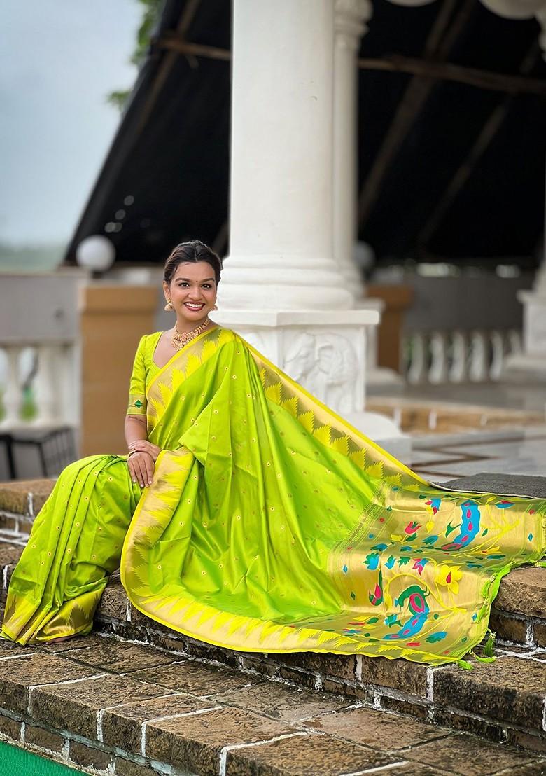 Green Floral Print Blended Saree Set - Indya