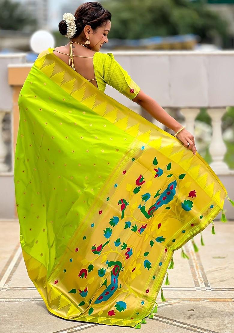 Green Floral Print Blended Saree Set - Indya
