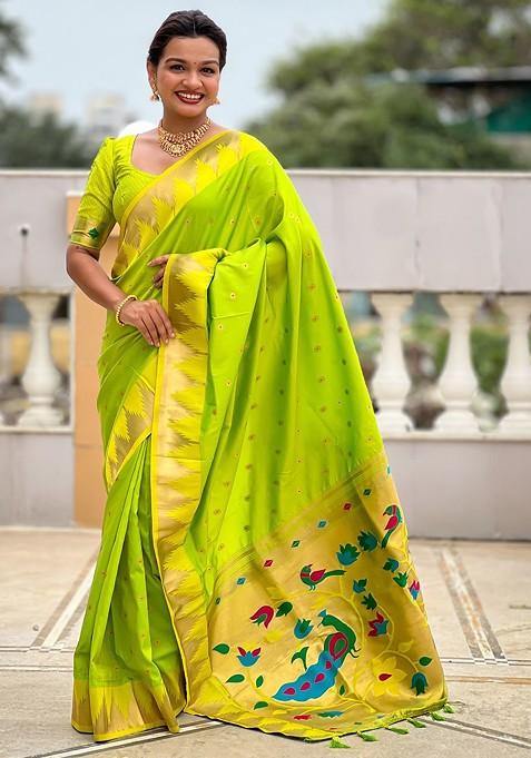 Green Floral Print Blended Saree Set — view on Indya