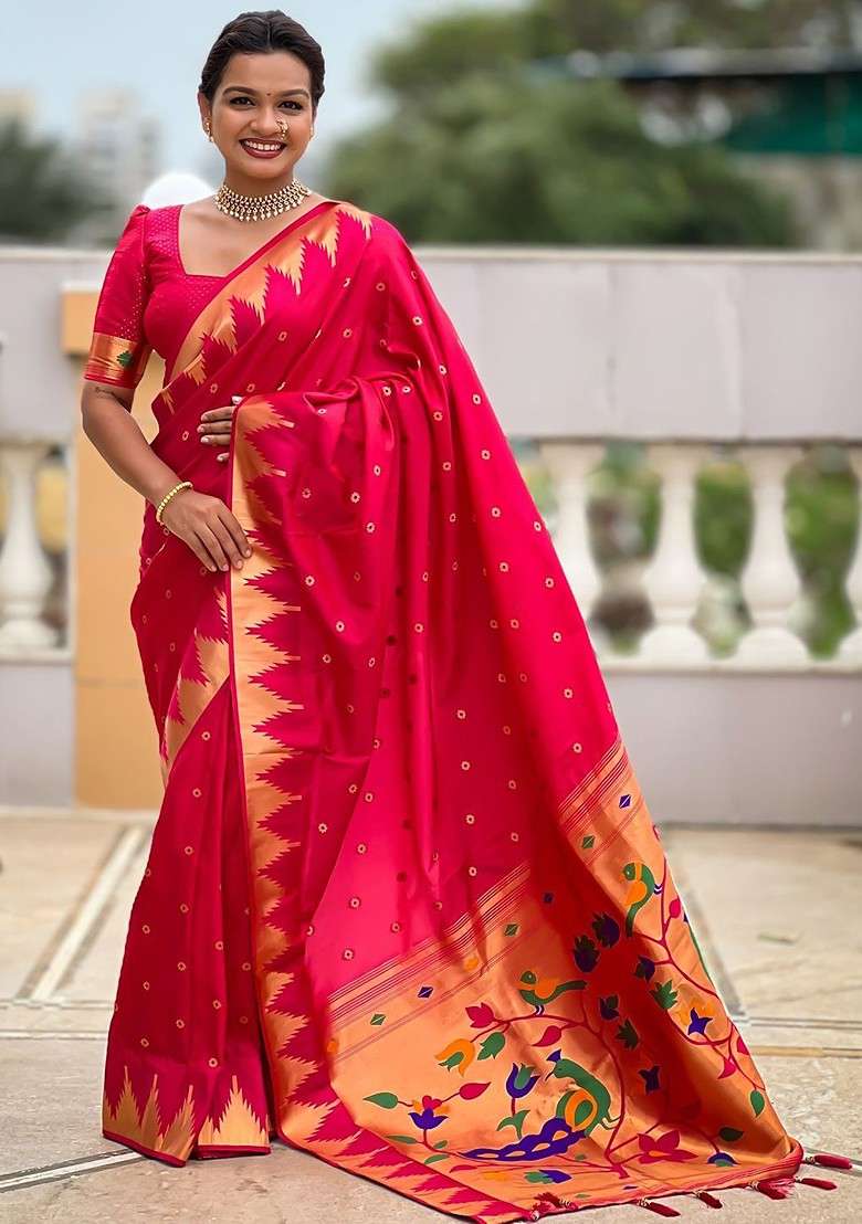 Pink Floral Print Blended Saree Set for Diwali and Festive Wear - Indya