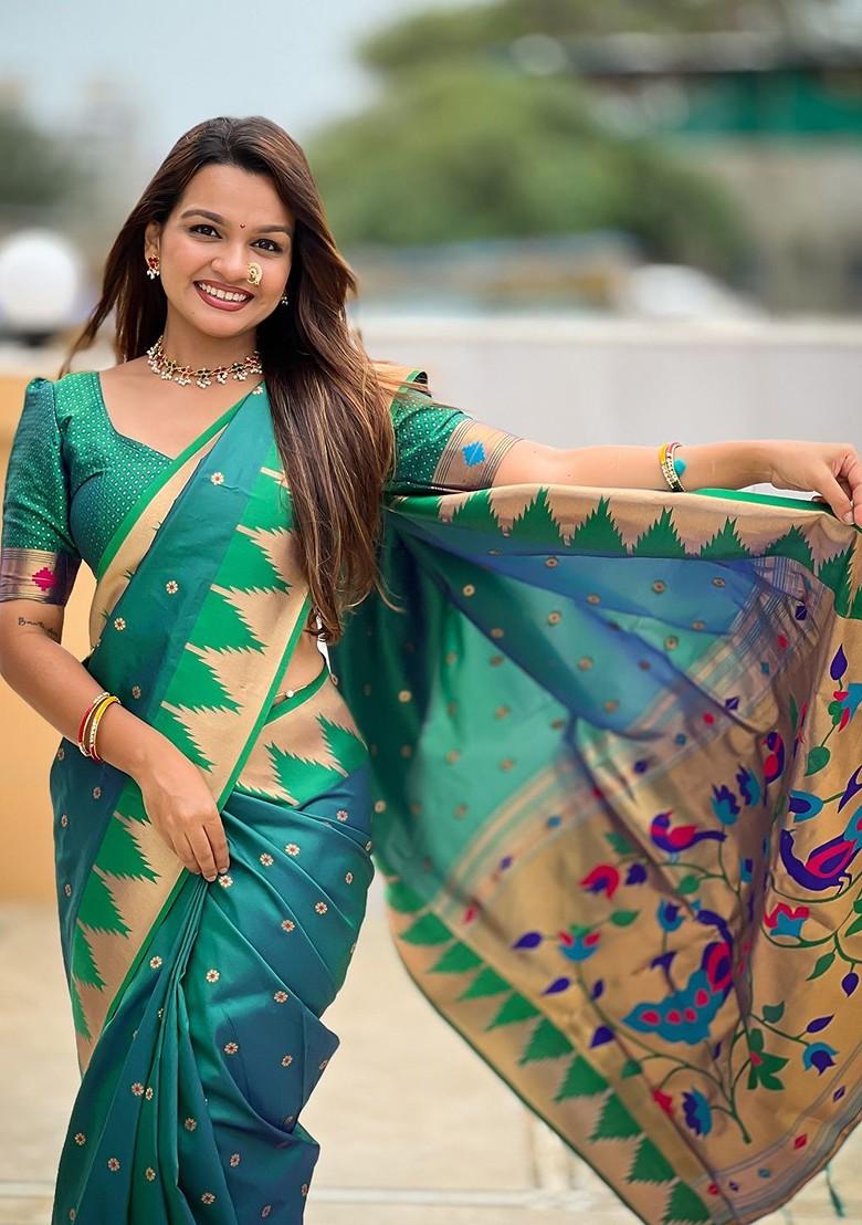 Teal Floral Print Blended Saree Set - Indya