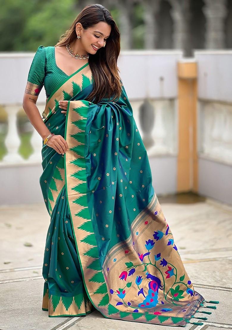 Teal Floral Print Blended Saree Set - Indya