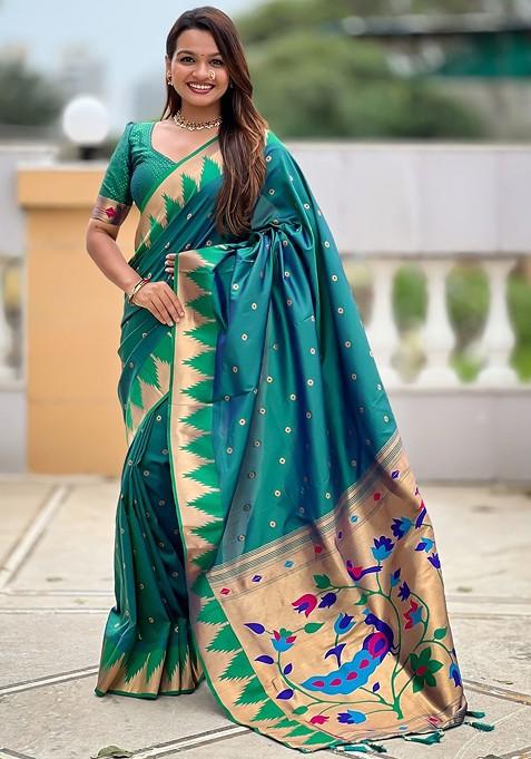 Teal Floral Print Blended Saree Set — view on Indya