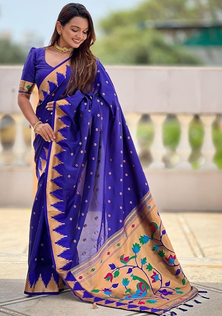 Blue Floral Print Blended Saree Set - Indya