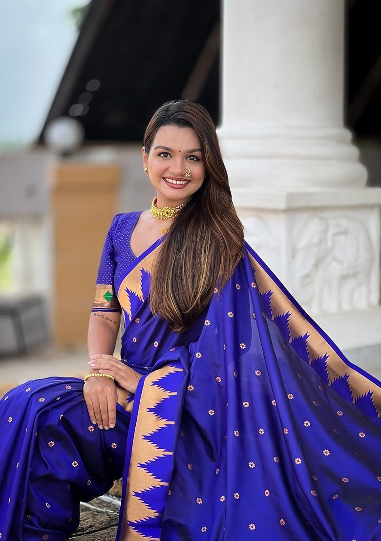Blue Floral Print Blended Saree Set - Indya