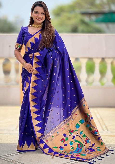Blue Floral Print Blended Saree Set — view on Indya