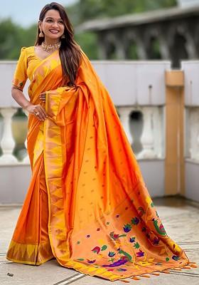 Orange Floral Print Blended Saree Set