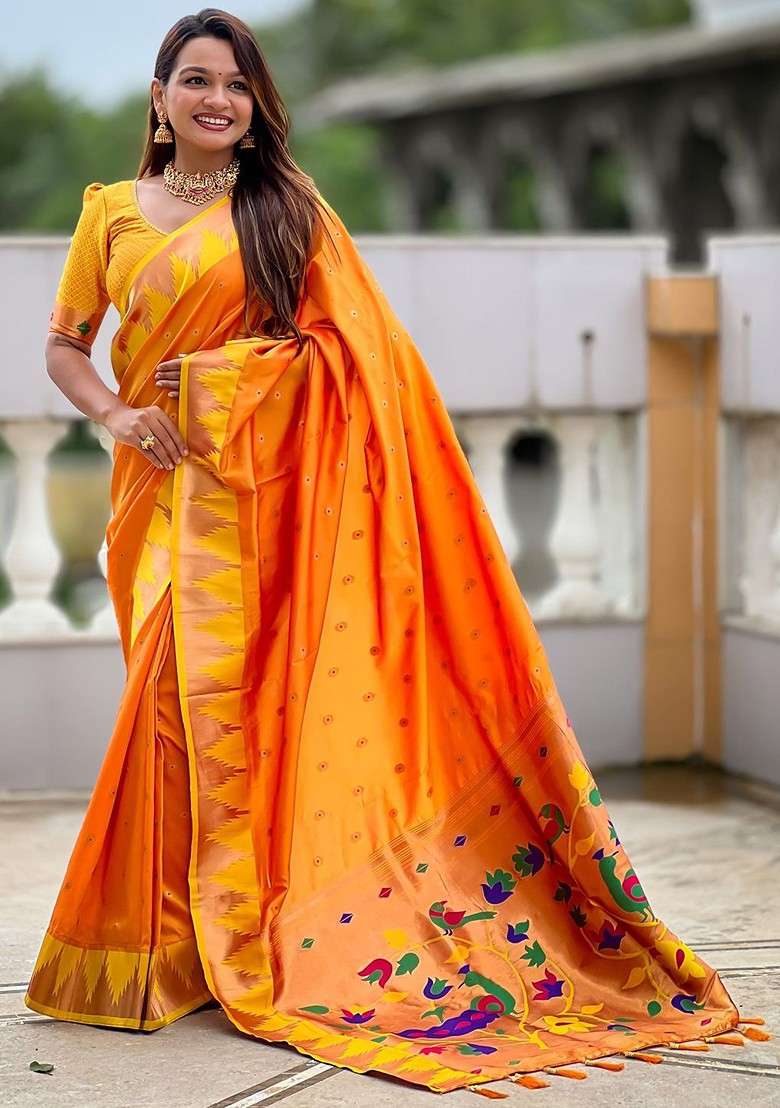 Orange Blended Saree Set with Floral Print for Diwali | Wedding & Festive Wear - Indya