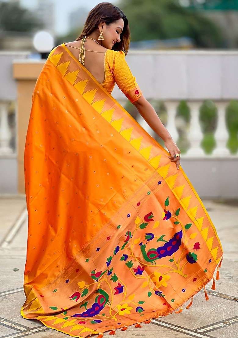 Orange Blended Saree Set with Floral Print for Diwali | Wedding & Festive Wear - Indya