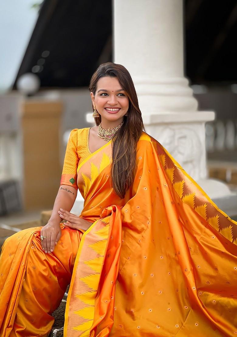 Orange Floral Print Blended Saree Set - Indya