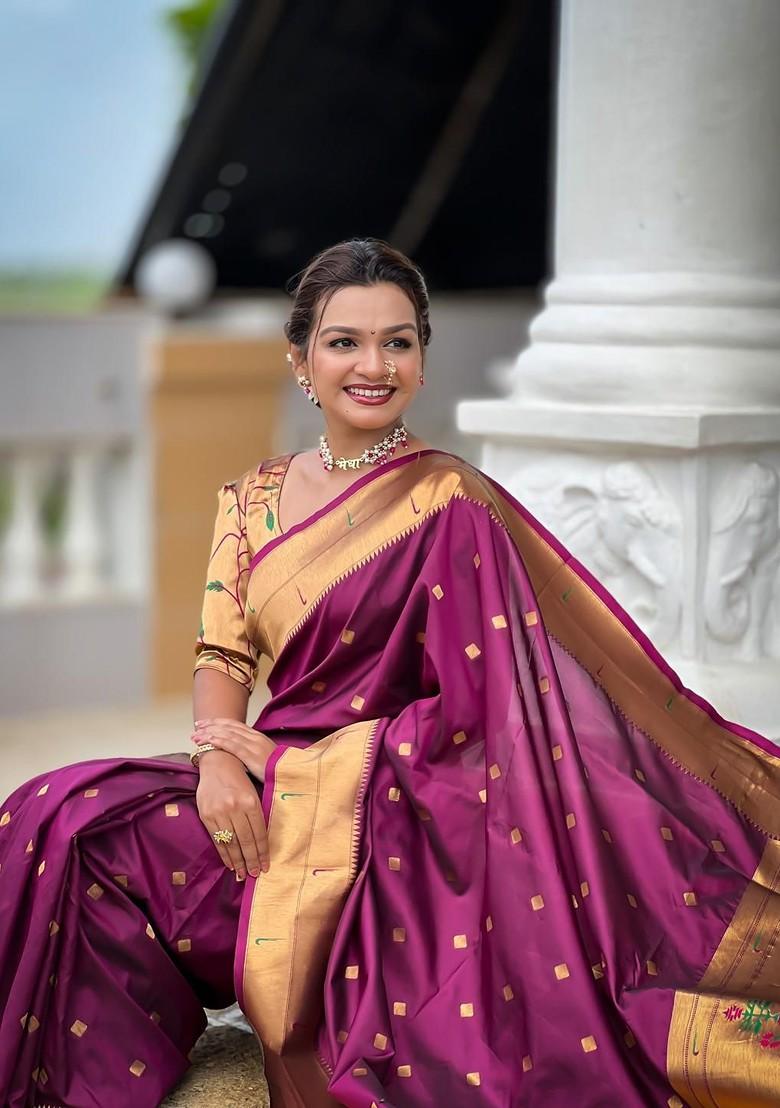 Burgundy Zari Printed Blended Saree Set - Indya