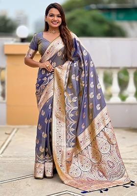 Grey Embroidered Blended Saree Set