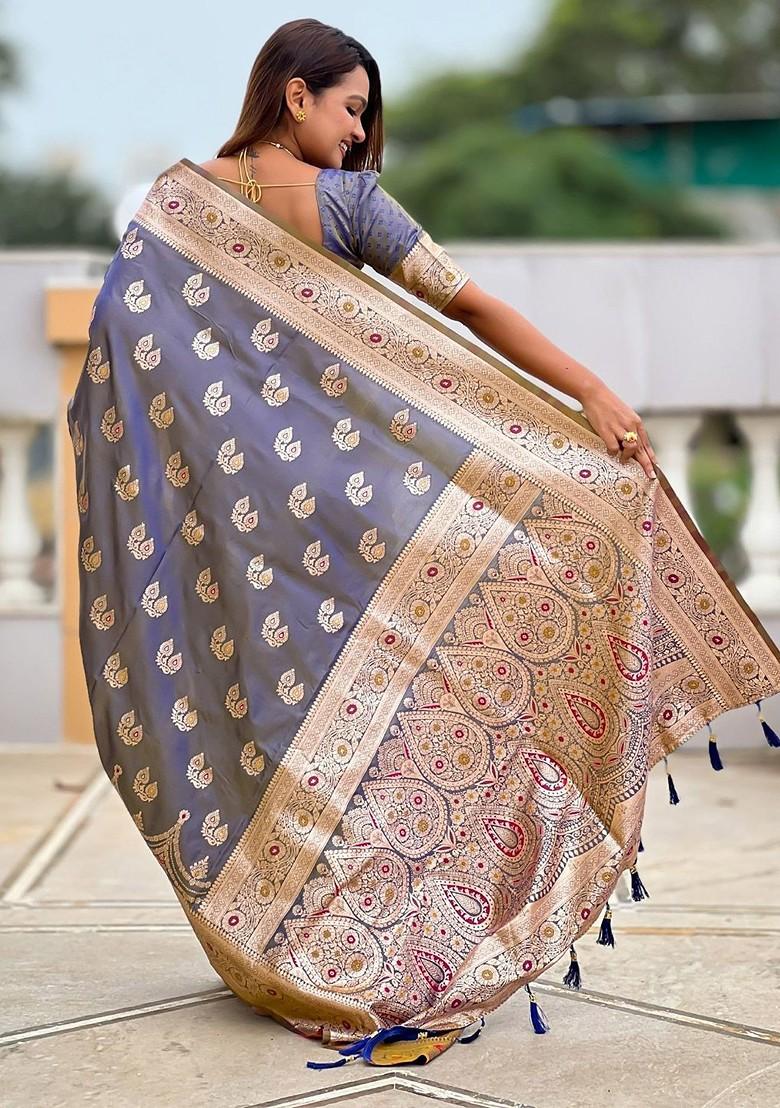 Grey Embroidered Blended Saree Set - Indya