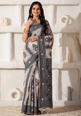 Off White Embroidered Blended Saree Set
