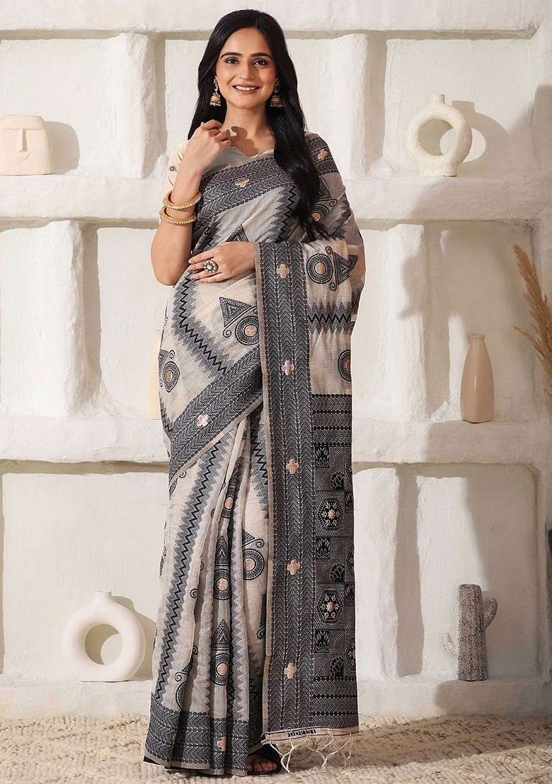 Off White Embroidered Blended Saree Set - Indya