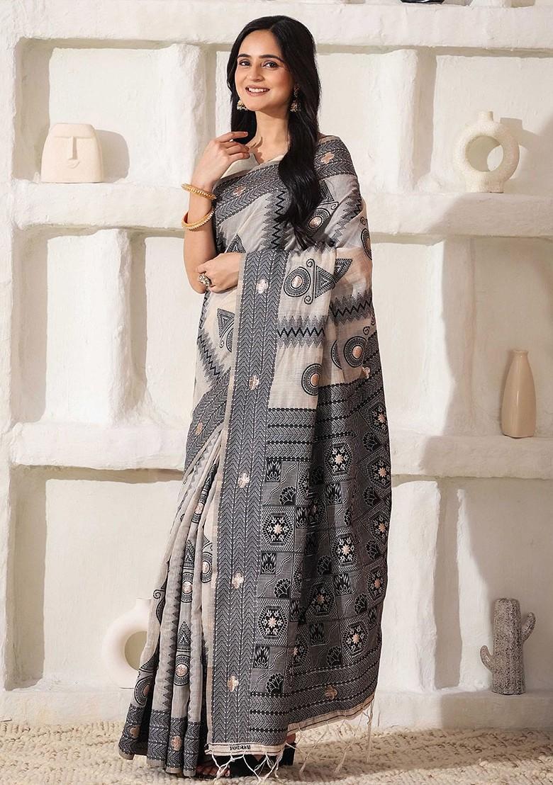 Off White Embroidered Blended Saree Set - Indya